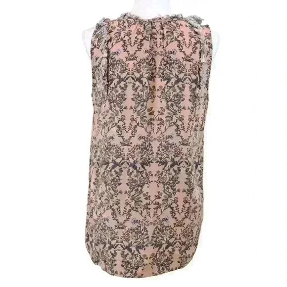 PLEIONE Plise Sleeveless Peach Floral Blouse Tie Neck Frayed Edges Size Medium - Picture 3 of 8
